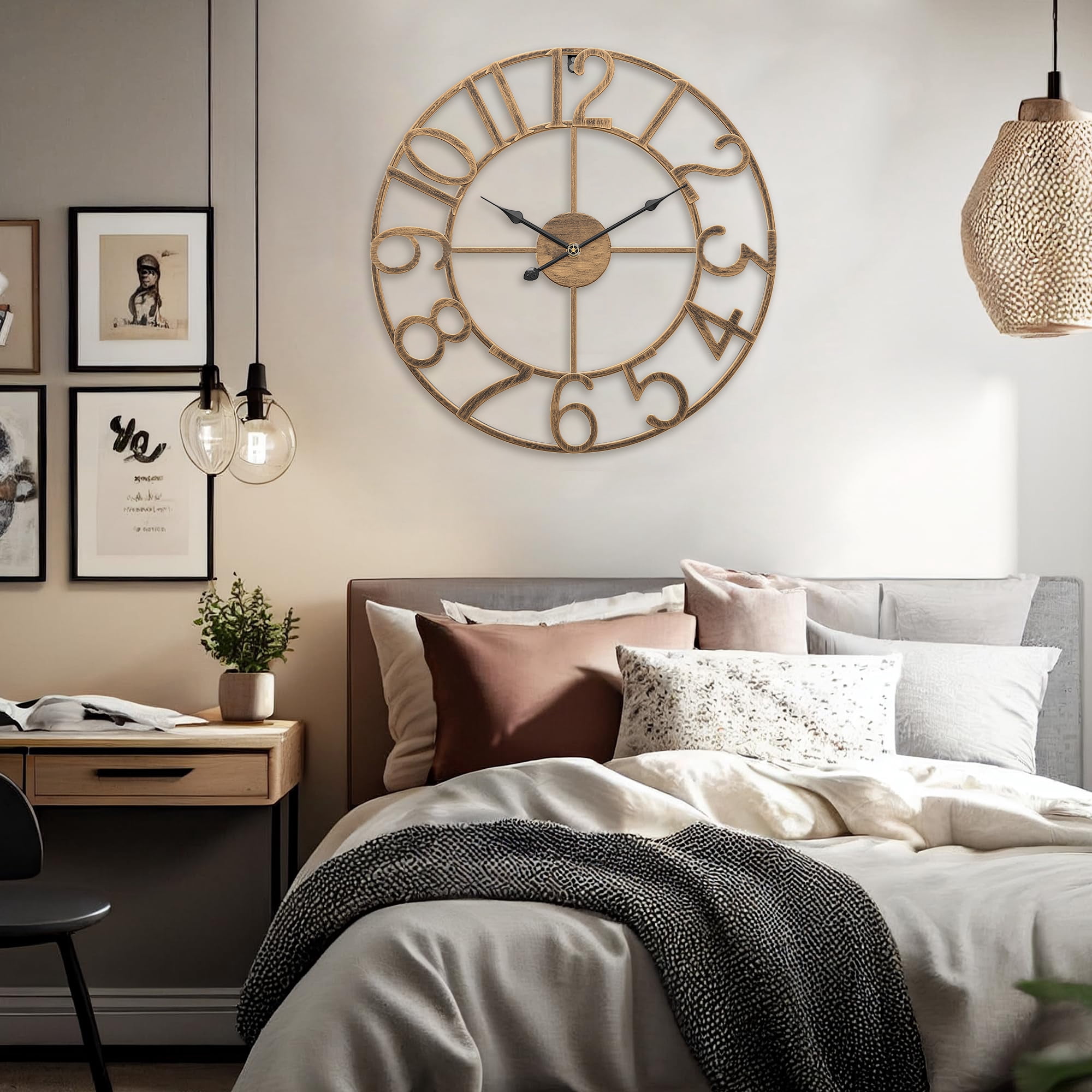 Arsvita Wall Clock, 16" Silent Non-Ticking, Battery Operated, Oversized, Decorative Retro Gold Metal Clock for Living Room,Farmhouse, Dinner Room,Indoor, Outdoor Decor(40cm, Gold Arabic Number)