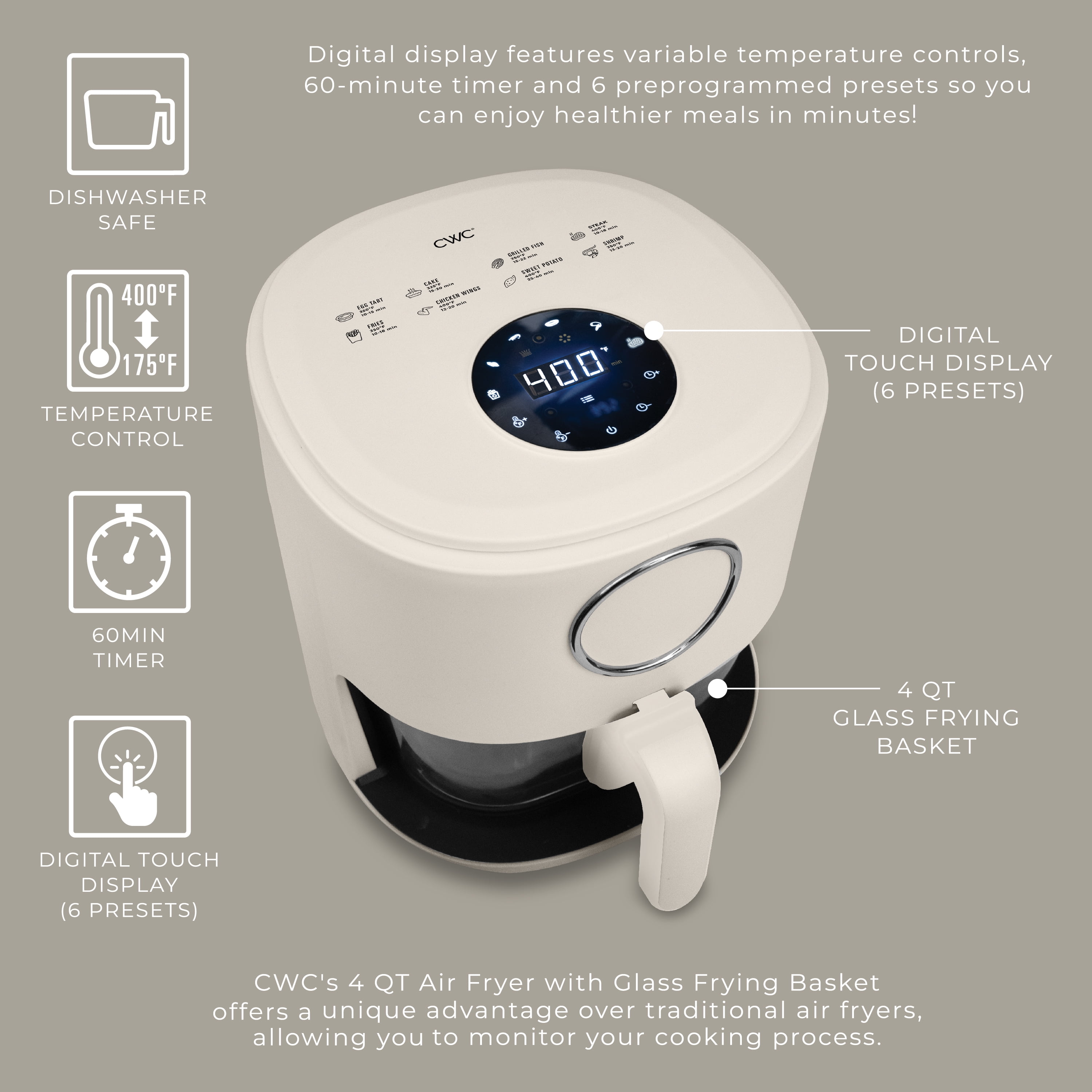 COOK WITH COLOR Air Fryer, 4Qt Glass Air Fryer, 1200W, 6 Presets, Cream