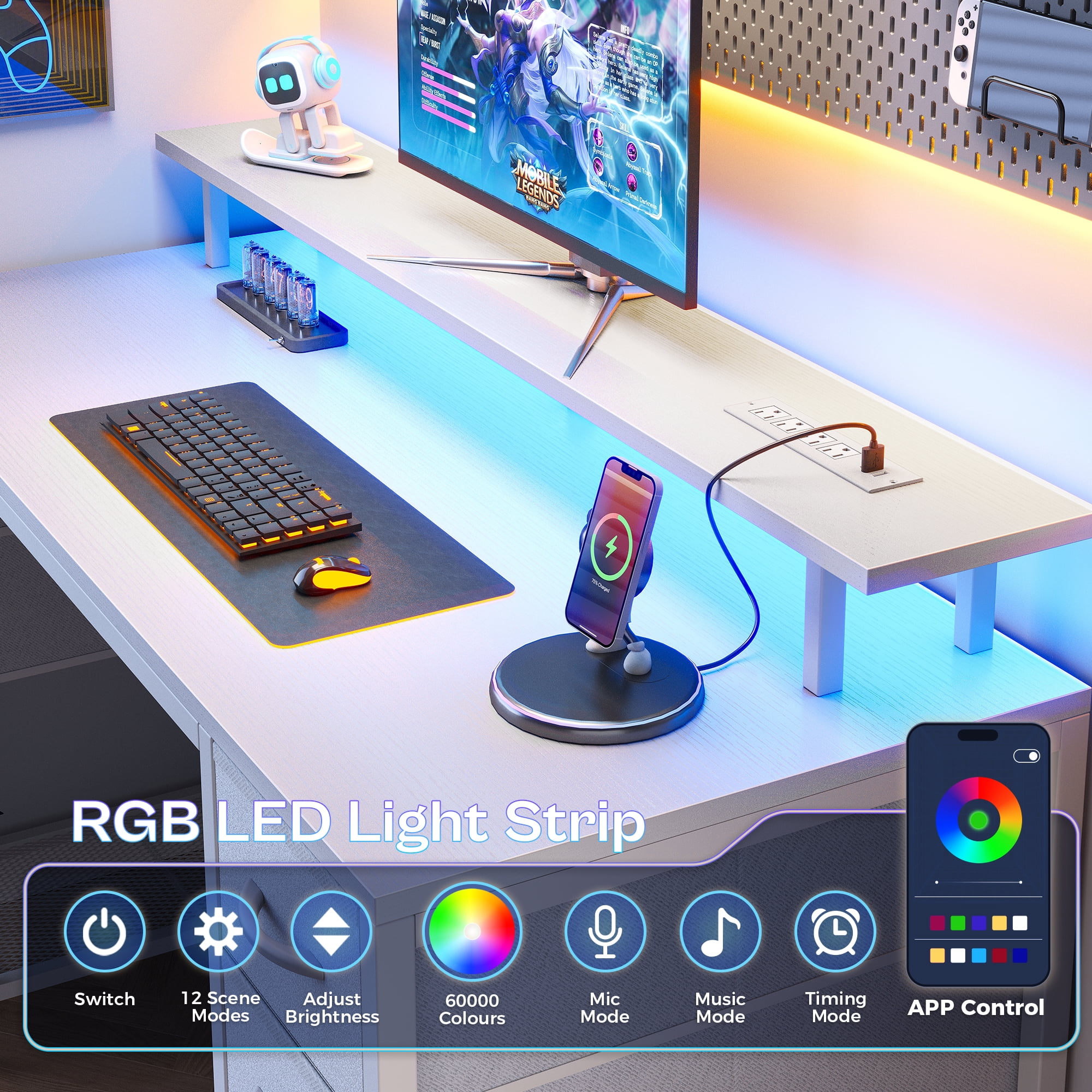 Amadwell 47" Gaming Computer Desk with LED Lights, Power Outlets, Home Office Writing Desk with 4 Drawers, White