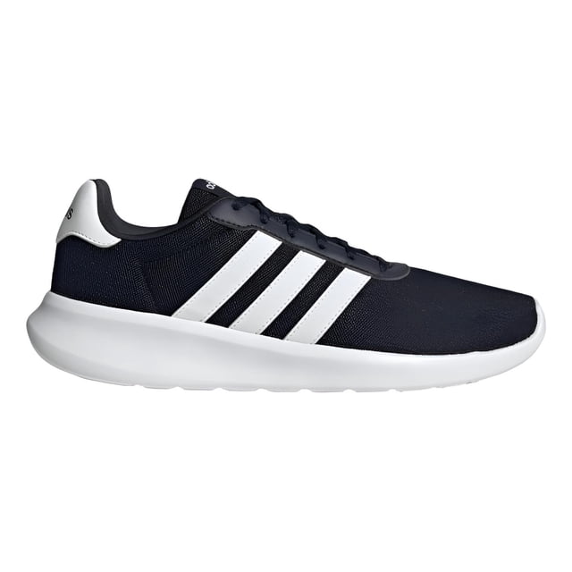tenis hombre lite racer gy3095 azul marino 30 cm adidas lite racer 3.0, vista lateral derecha perfil; malla azul marino, tres franjas laterales blancas, refuerzo de talón blanco con logo adidas, cordones planos azul oscuro y suela blanca acolchada. Ideales para caminar cómodo y uso deportivo casual; también suelen usarse para rutinas ligeras de gimnasio.