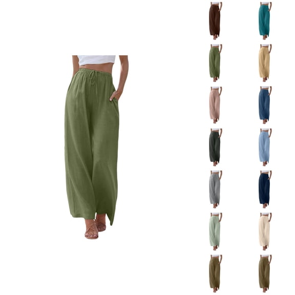 Cotton Linen Palazzo Pants for Women Lightweight Elastic High Waist Loose Fit Flowy Lounge Pants with Pockets Beach Trousers