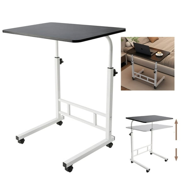 Adjustable Overbed Bedside Table with Wheels, Mobile TV Dinner Serving Tray for Bed Sofa, 23.6" Wide, Height-Adjustable, C-Shaped