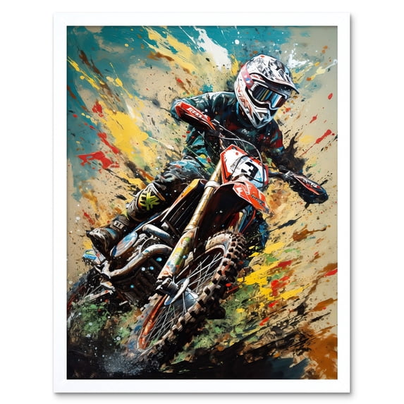 Motocross Race Sport Driver Action Shot Painting Art Print Framed Poster Wall Decor 12x16 inch