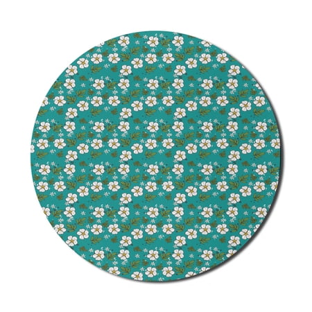Floral Mouse Pad for Computers  Layout of Spring Time Flowers and Leaves  Round Non-Slip Thick Rubber Modern Gaming Mousepad  8  Round  Dark Seafoam Multicolor  by Ambesonne