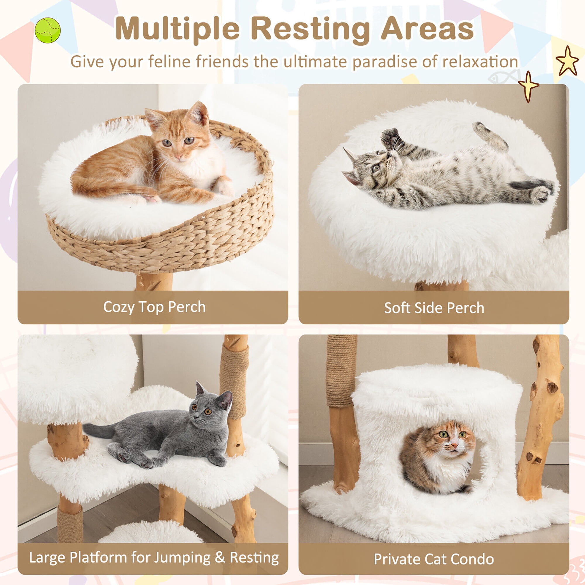 Gymax 49'' Tall Wooden Cat Tree Solid Wood Cat Tower with Jute Scratching Posts