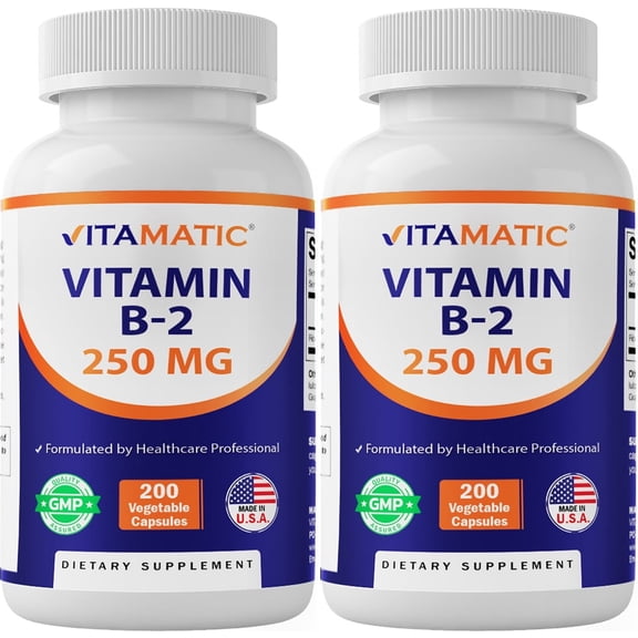 2 Pack Vitamatic Vitamin B2 (Riboflavin) 250 mg - 200 Capsules, Support Cellular Energy & Red Blood Cell Production
