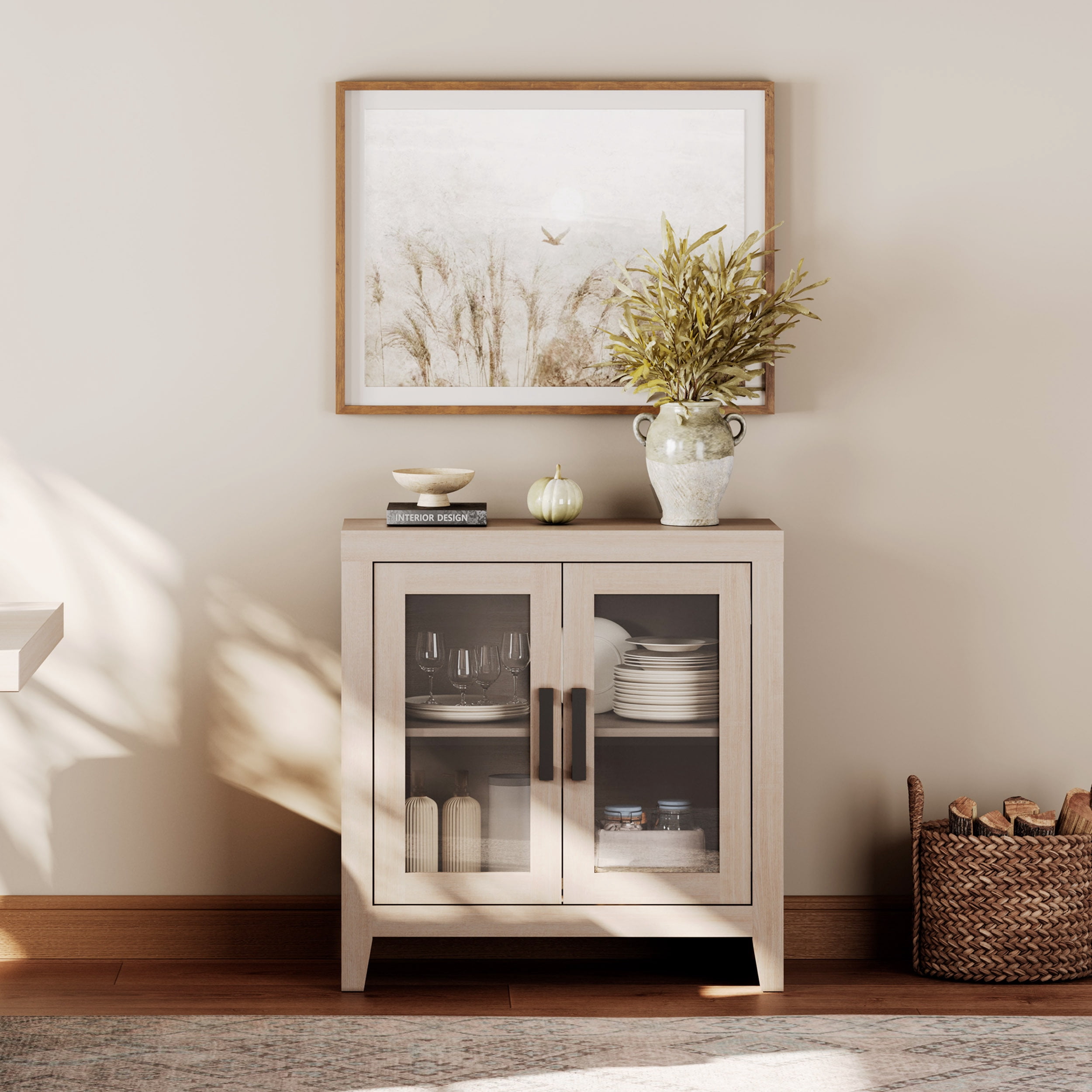 WAMPAT Modern Farmhouse TV Stand up to 40"TV, Entertainment Center with Tempered Glass Doors & Adjustable Shelves, Beige