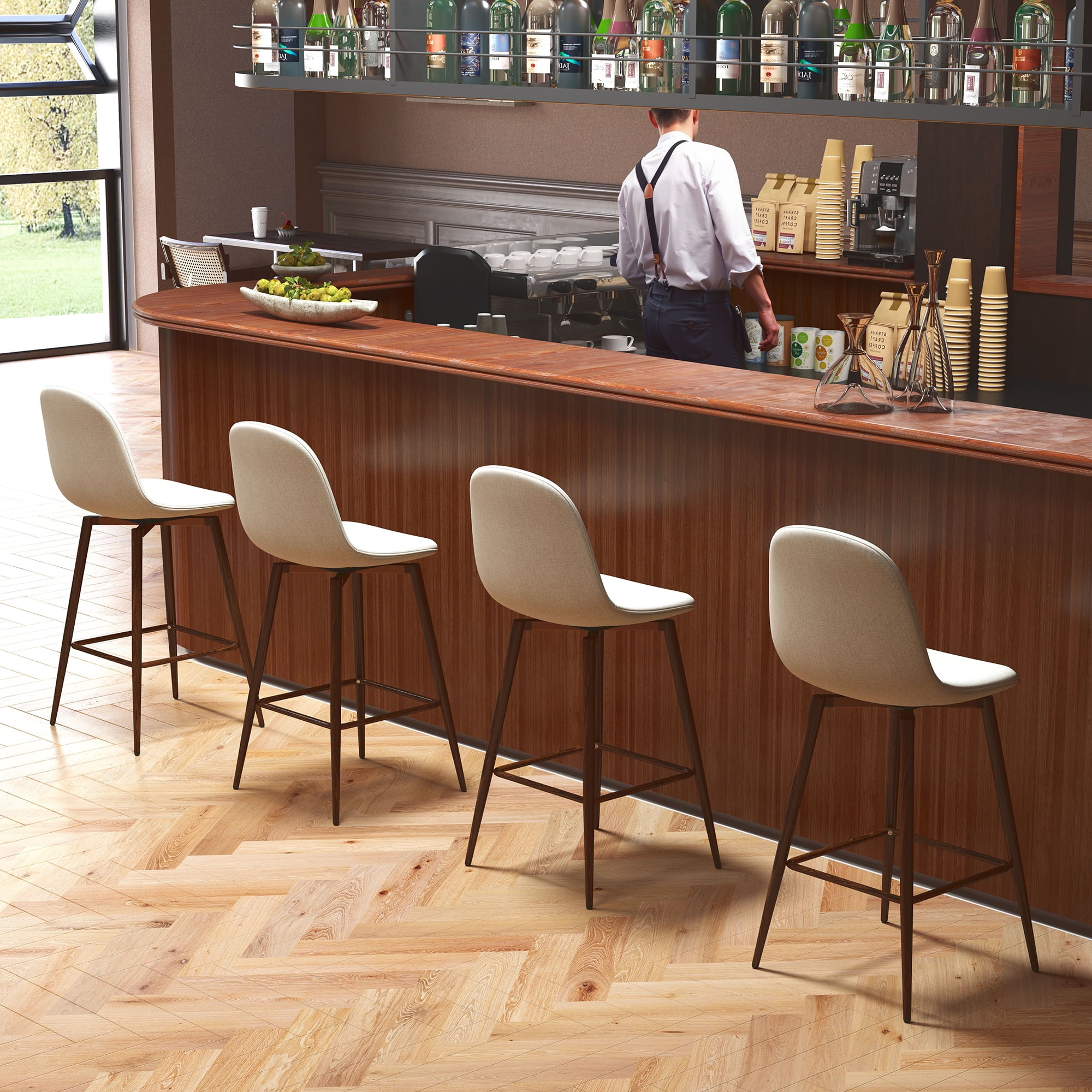 Homy Casa 26" Swivel Counter Height Bar Stools, Set of 2, Beige Fabric, Wood-Look Metal Legs