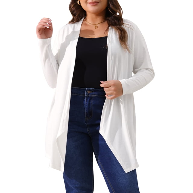 Cárdigan Plus Size GRACE & GRANDEUR para Mujeres, de Manga Larga, Abierto por Frente, Ligero, con Dobladillo Alto-Bajo, Cubiertas Drapadas 1X Blanco