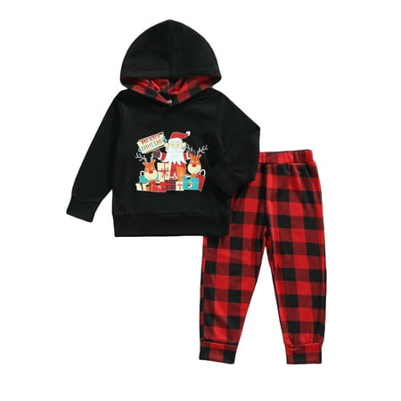 

Kuriozud Baby Hooded SweaterTrousers Santa Cartoon Print Plaid Pattern Merry Christmas Spring Clothing