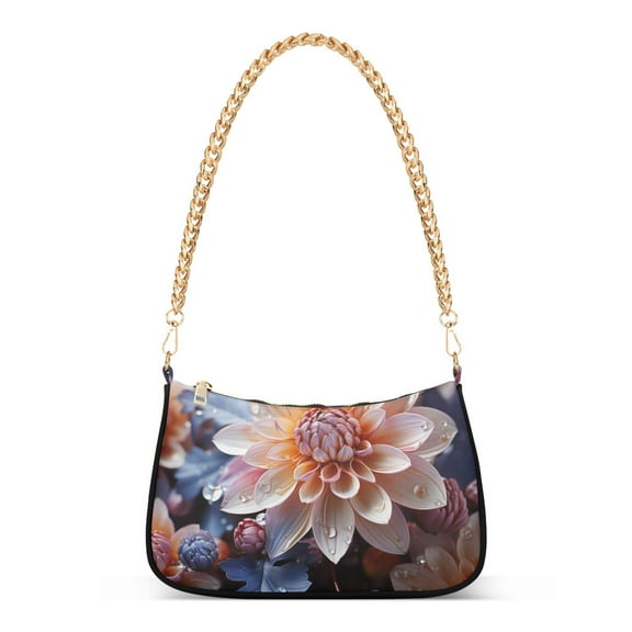 Womens Chain Shoulder Bag Flowers Florals Classic Tote Handbags Fashion Clutch Hobo Purse with Zipper for Travel Casual