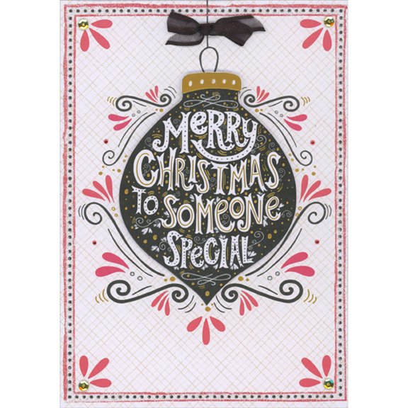 Designer Greetings Black 3D Die Cut Teardrop Ornament, Gold Accents, Black Bow, Sequins and Gems on Glitter Border Hand Decorated Christmas Card for Someone Special