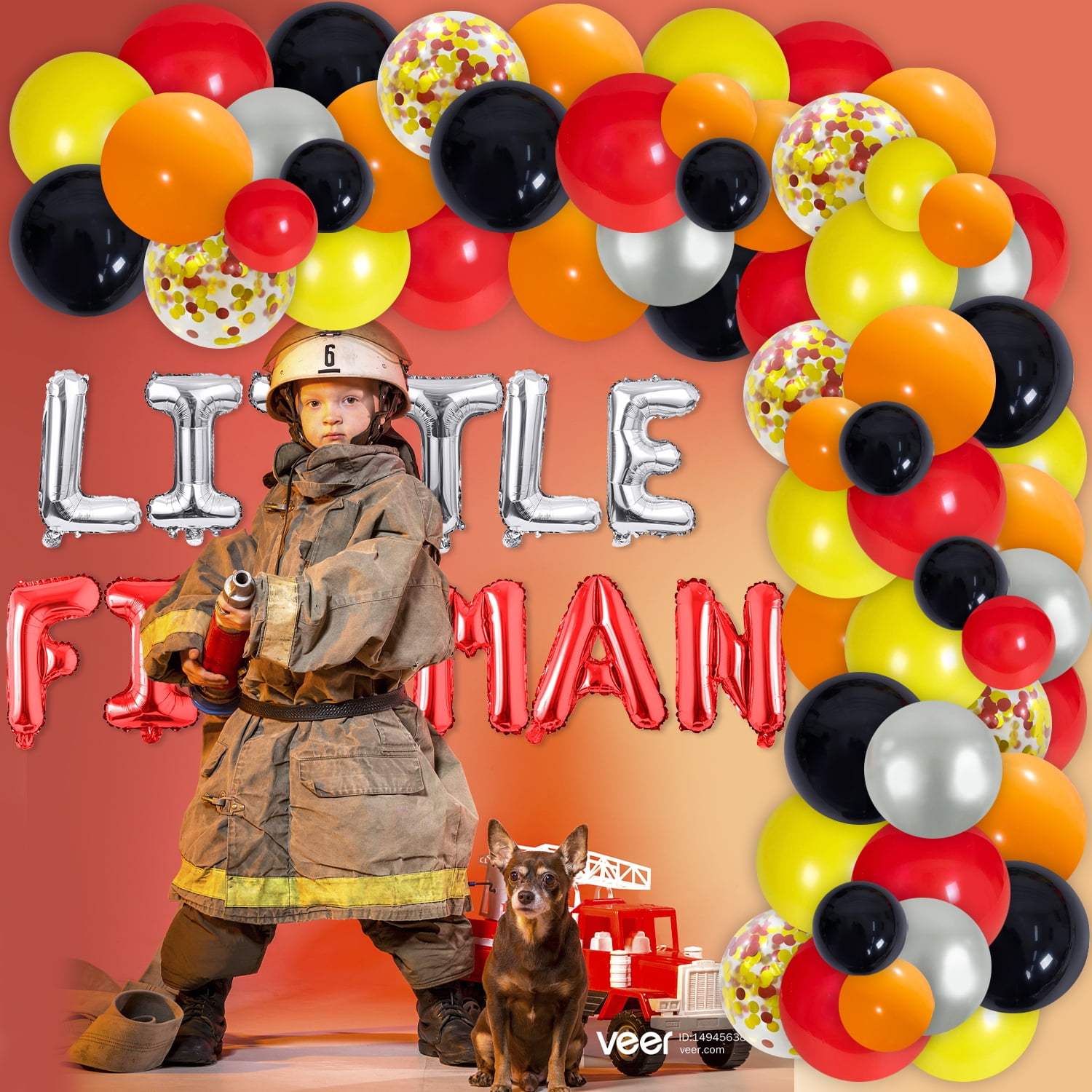 Little Fireman Birthday Party Supplies, Fire Truck Birthday Decoration, Red Orange Yellow Latex Balloons Arch Kit, Fire Engine Foil Balloons for Boys Adults Fire Themed Birthday Party Supplies