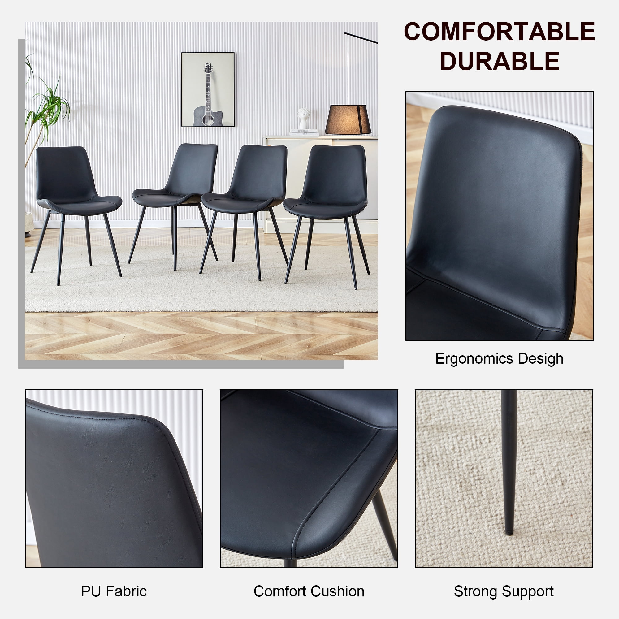 TesNus Dining Chair Set of 4 Black PU Leather Wide Seat Metal Legs for Dining Room Kitchen