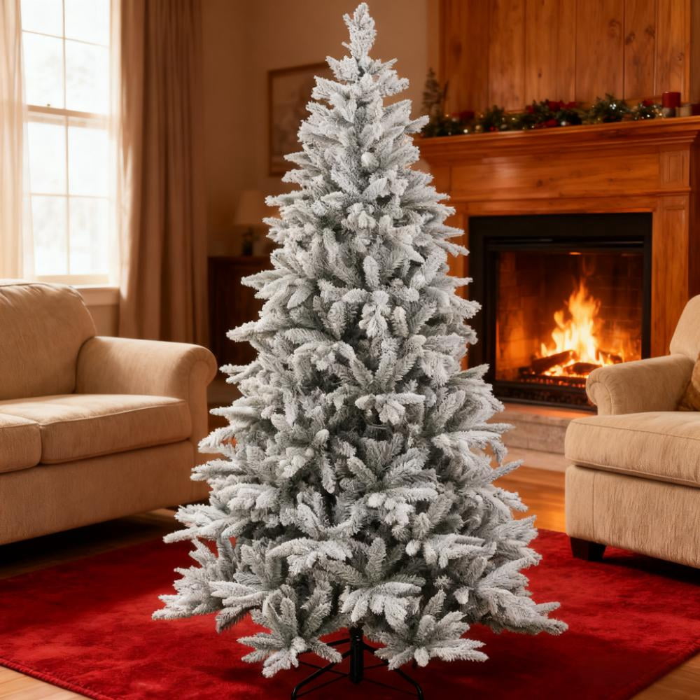 Hinged Xmas Tree, Artificial Flocked Christmas Tree with Snow Tips, for Festive Christmas Decor