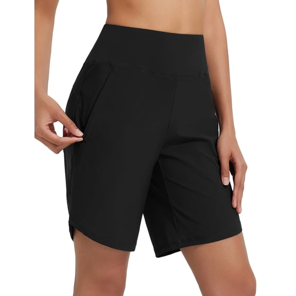 BALEAF Long Board Shorts for Women Swimming High Waisted Swim Shorts Tummy Control Quick Dry Bathing Suit Shorts UPF 50 with Liner Black L
