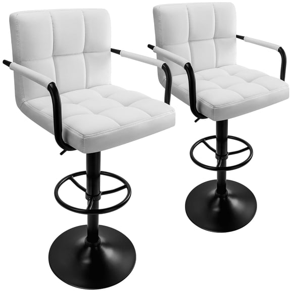 White Modern Bar Stool Set of 2, Adjustable Height with PU Leather Upholstery, Swivel Counter Chairs for Kitchen Island, White