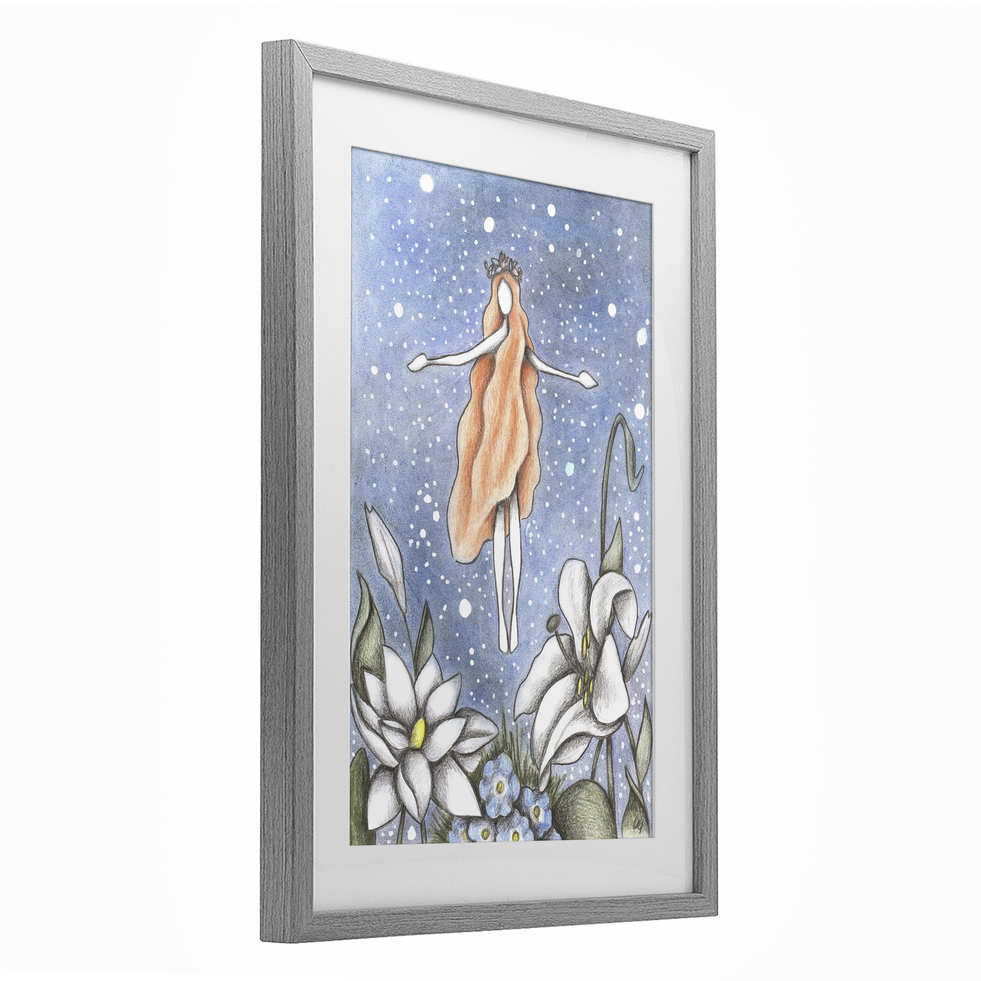Mystical Garden Fairy Sparkle Gray Framed Print Under Glass, design by Cecilia Battaini