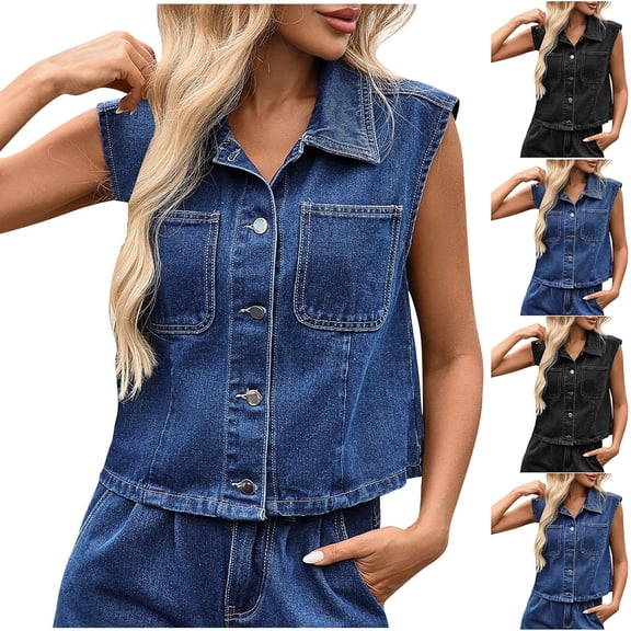 Ashirexll Womens Casual Tops, Sleeveless Tops for Women, Denim Casual Solid Color Summer Button V-Neck Blouse Tank