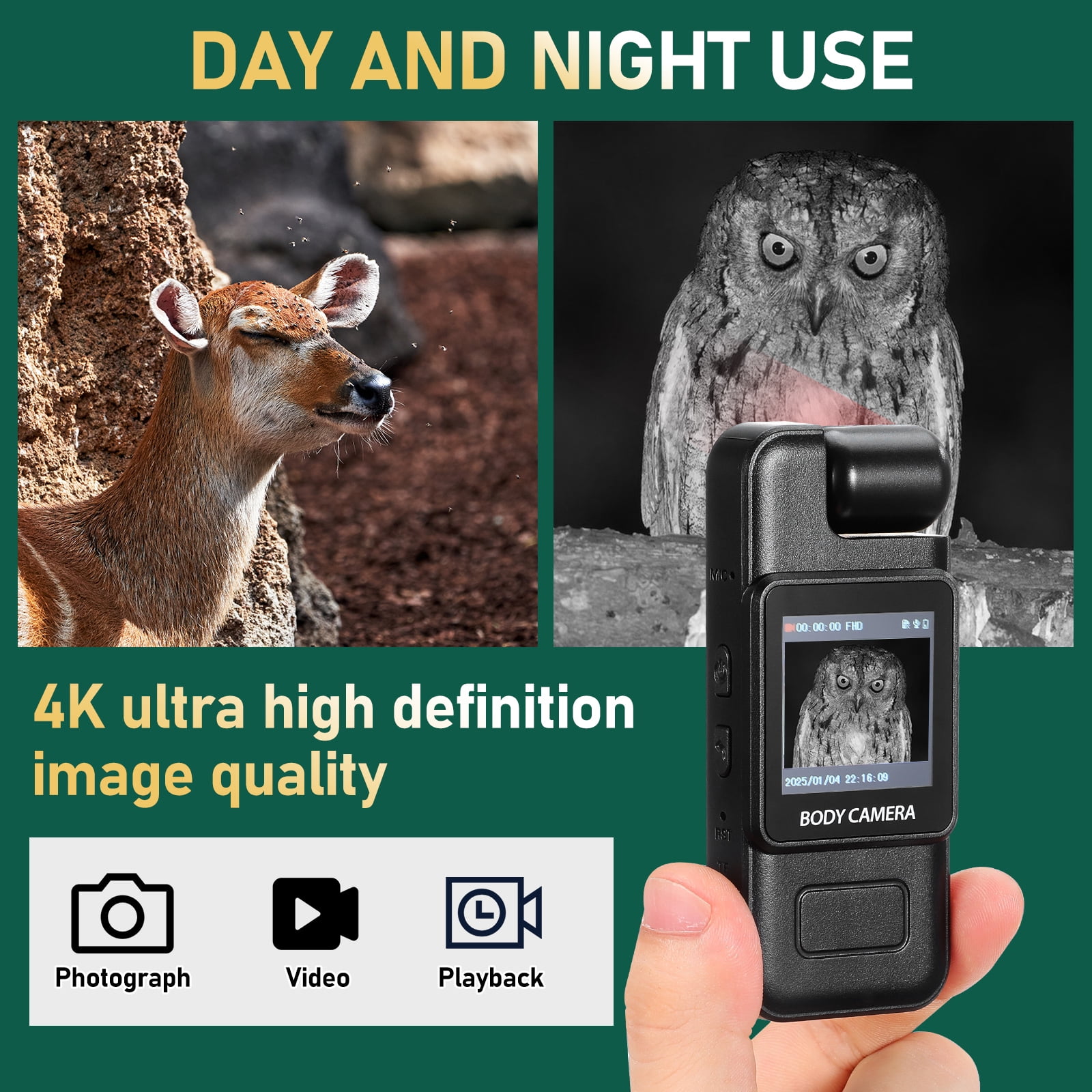Plagage 4K Body Camera: 4k Clip On Camera with Audio & Video Recording - Wearable Personal Portable Recorder with Night Version & 32G Card