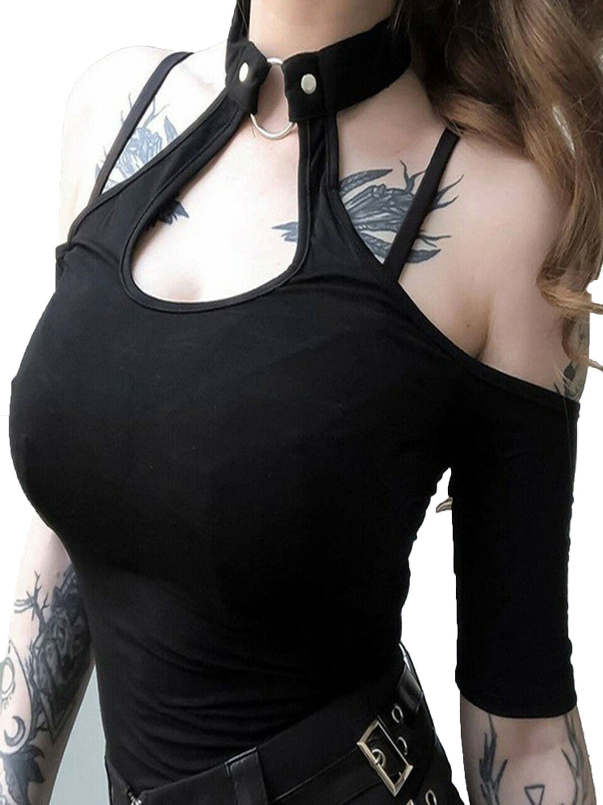 Women Gothic Crop Tops Halter Neck Punk Sleeveless Mesh Vest Cool Top Shirts Hot 