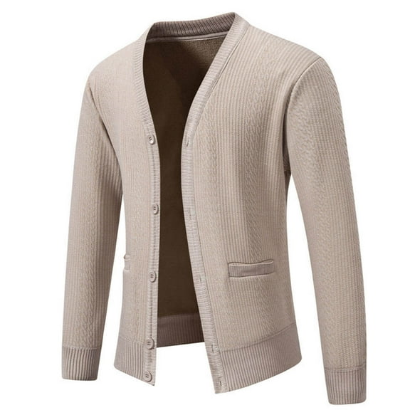 Ahabrexf Sweaters for Men, Fleece Lined V-Neck Pocket Button Cardigan Elastic Knit Sweater