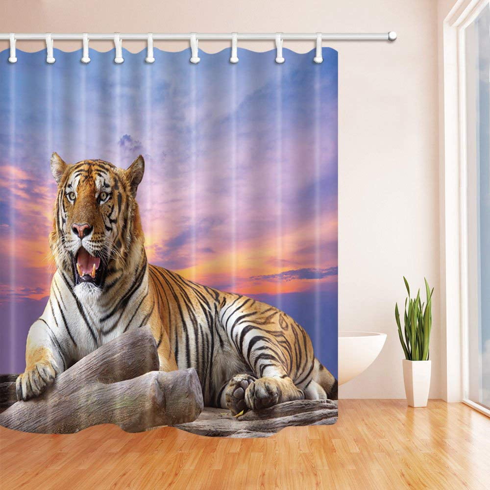 Tiger Lying on Wooden Stick Wild Animal Black Waterproof Shower Curtain Rugs Set 