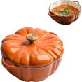 thumbnail image 1 of Faitout Hollandais en Fonte Émaillée en Forme de Citrouille de 4 Qt avec Couvercle – Cadeau Déco d'Halloween et de l'Action de Grâce – Faitout Hollandais Orange pour Soupes, Ragoûts, Cuisson – Sécuritaire pour le Four et la Cuisinière, 1 of 12