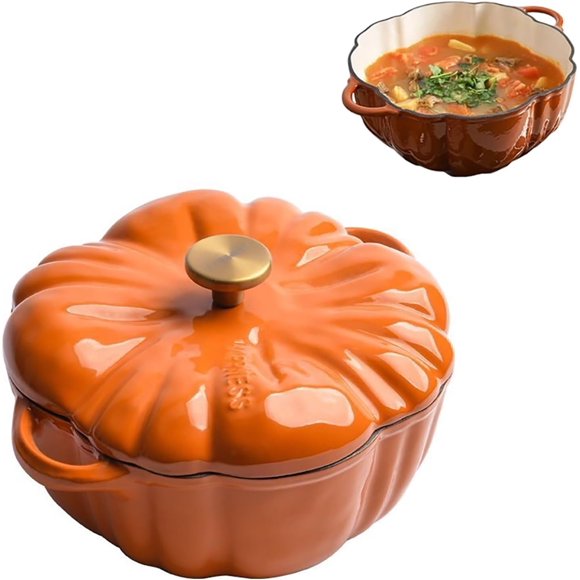 4 Qt Pumpkin-Shaped Enameled Cast Iron Dutch Oven with Lid – Halloween & Thanksgiving Decor Gift – Orange Dutch Oven Pot for Soups, Stews, Baking – Oven & Stovetop Safe