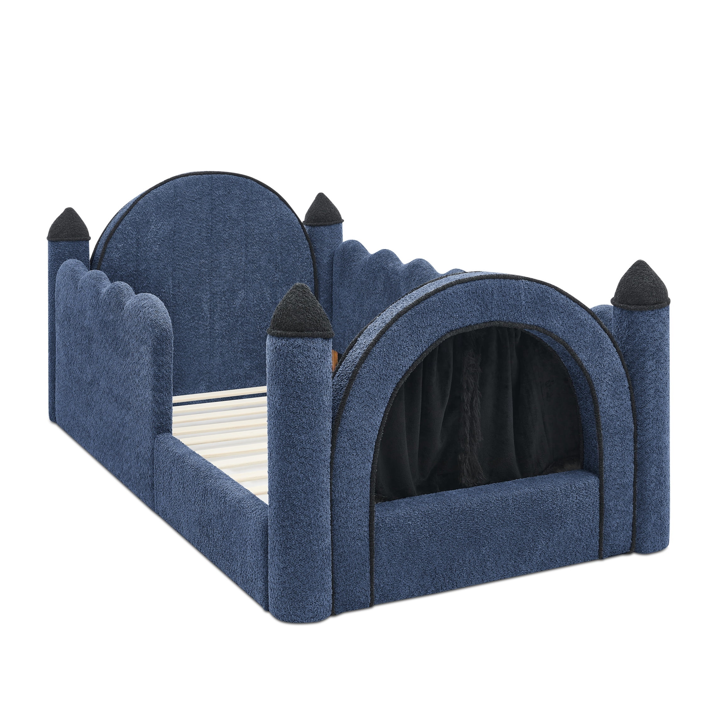 Twin Size Castle-Shaped Kids Floor Bed with Safety Guardrail, Low Profile Upholstered Platform Bed Frame with Small Curtain