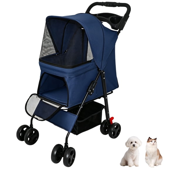 Wohh Folding Pet Stroller for Small Dogs & Cats Up to 28 lbs–4-Wheel Dog Cat Stroller Carrier with 2 Safety Tethers,Tray & Large Under-Seat Basket,360° Swivel Front Wheels & Rear Brakes,Blue
