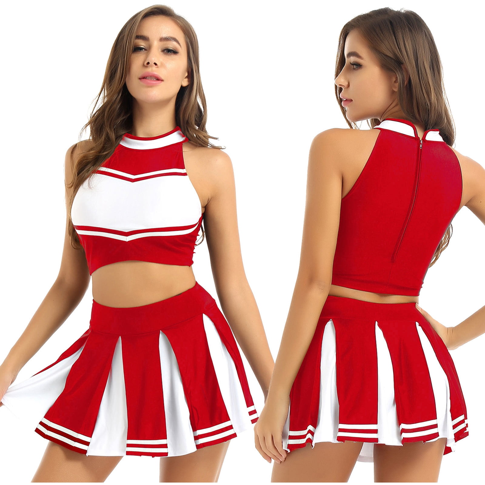 iiniim Women Cheer Leader School Girl Cheerleading Uniform Musical Crop Top  Pleated Skirt Outfits Red S 
