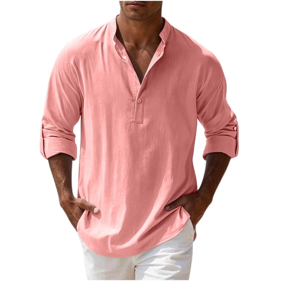 BLCHUNen Cotton Linen Beach Shirts for Men Button Mock Neck Casual Shirts Long Sleeve Lightweight Vacation Tops,XL,Watermelon Red