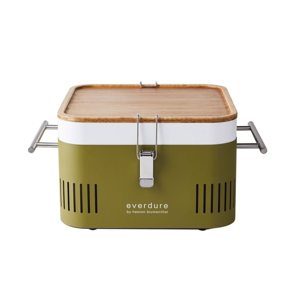 Everdure Cube Portable Charcoal Grill, Tabletop BBQ, Perfect Tailgate, Beach, Patio, or Camping Grill, Lightweight & Compact Small Grill with Preparation Board & Food Storage Tray, Khaki