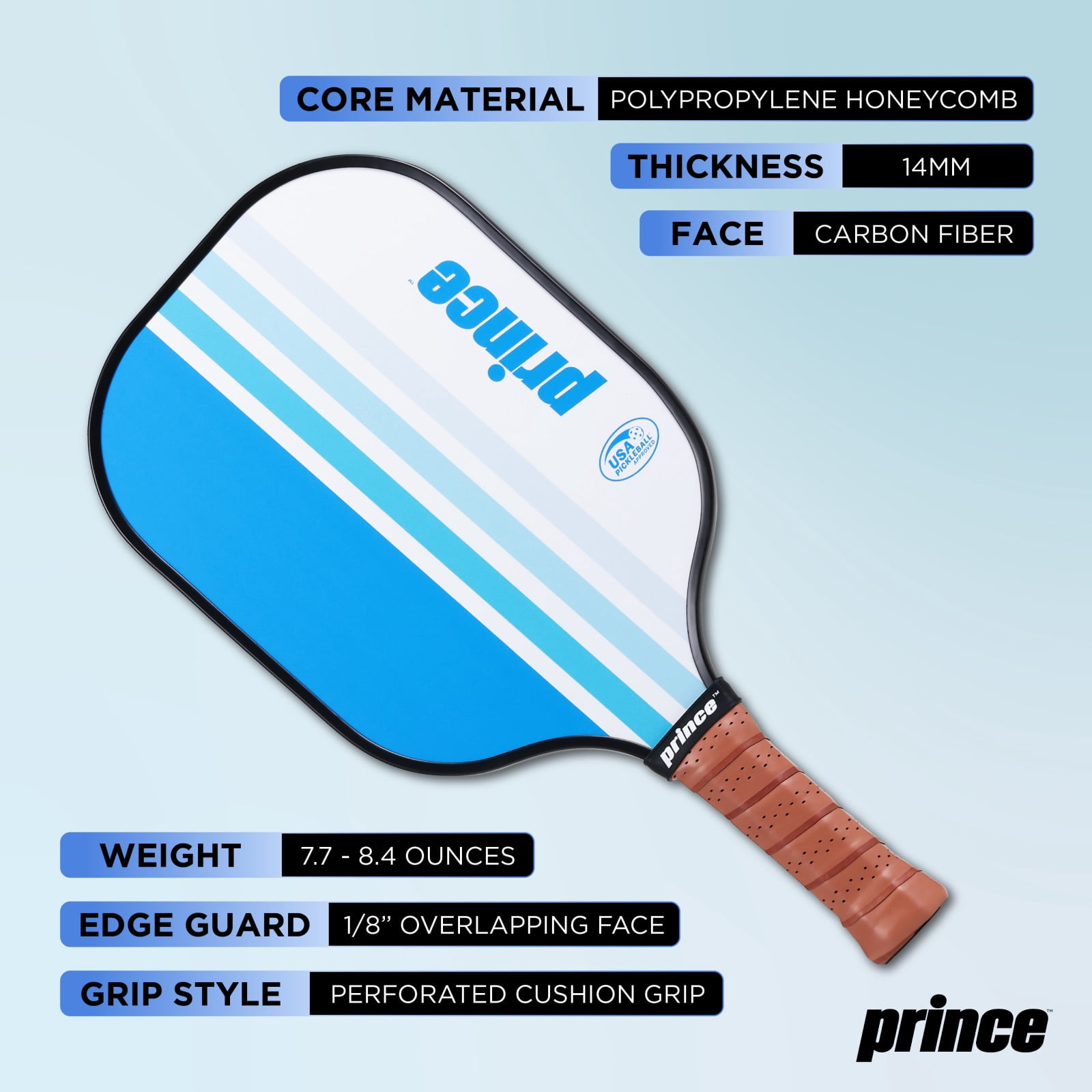 Prince Pickleball 5 Piece Fiberglass Paddle Set with Bonus Clear Backpack, Blue Includes 2 Paddles, 2 Outdoor Pickleballs & Carry Bag