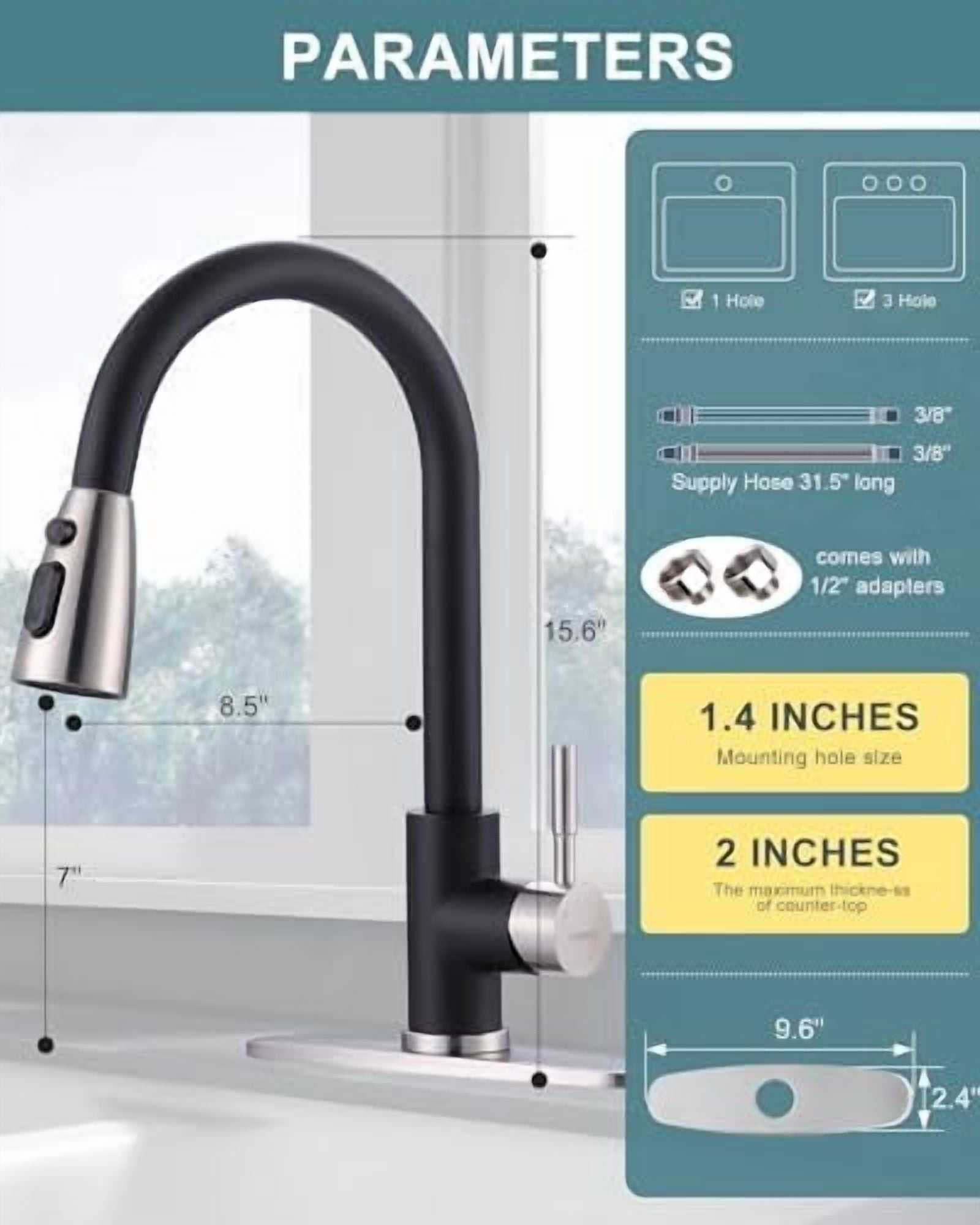Kitchen Faucets for Sink 1 or 3 Hole, High Arc Stainless Steel Kitchen Sink Faucet with Sprayer, Brushed Nickel and Black Faucet for Kitchen RV Laundry Sinks