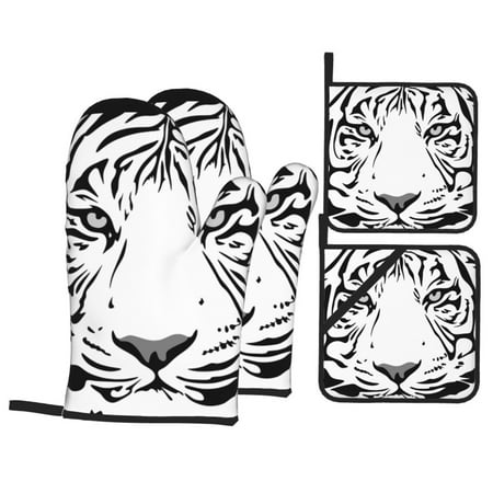 

Oven Mitts and Pot Holders Set Baking 4-Piece Set for Kitchen for Outdoor BBQ Mitts Heat Resistant Cooking Gray Textured Tiger Pattern Pattern