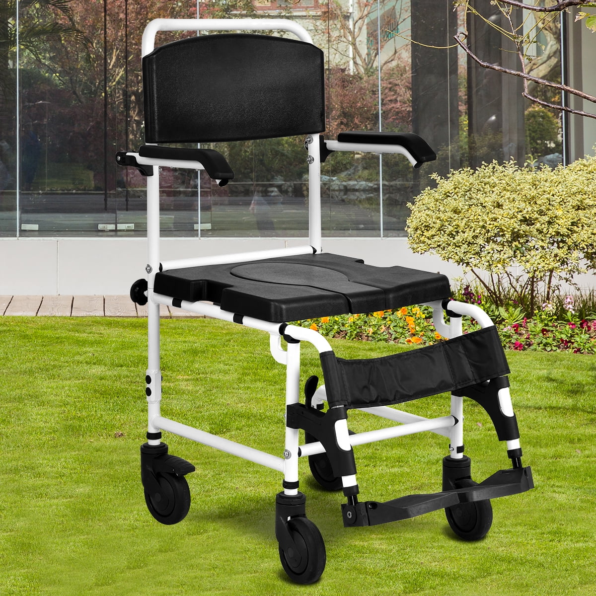 Gymax Bathroom Shower Toilet Commode Wheelchair w/ Drop Arms Patient
