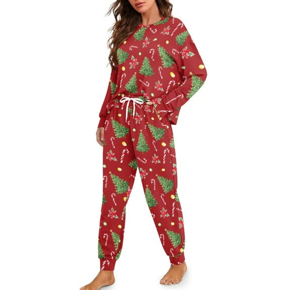 DISNIMO Tree Candy Printed Women's Pajama Sets Christmas 2 Piece Pj Lounge Sets Long Sleeve Top and Long Pants Set Soft Round Neck Loungewear Nightwear, S