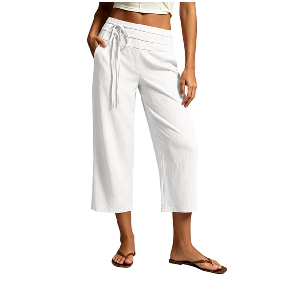 Ruimatai Womens High Waist Linen Capri Pants with Pockets Drawstring Wide Leg Casual Summer Vacation Daily Lounge Trousers