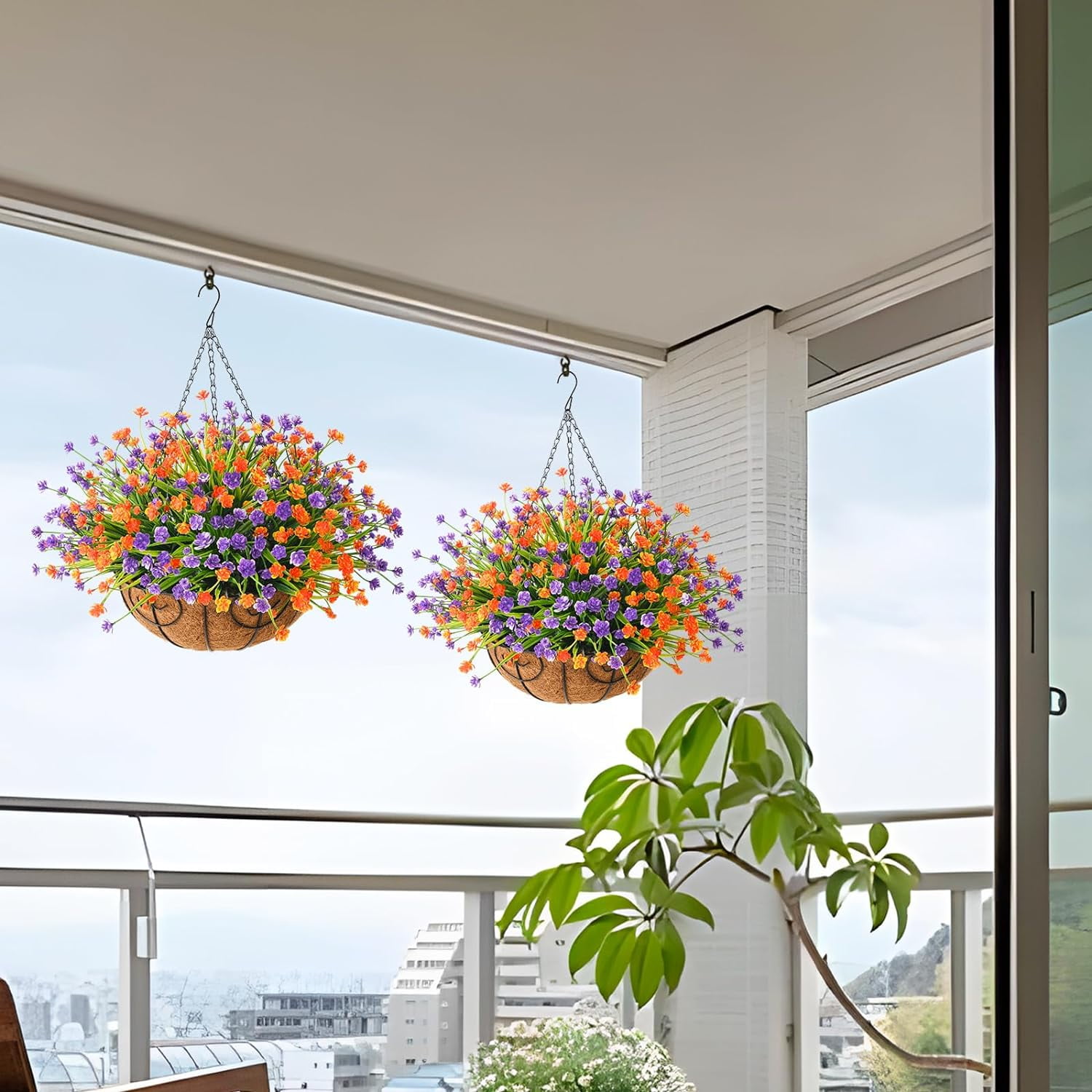 Artificial Hanging Flowers in Basket for Patio Garden Outdoor Decoration,Artificial Daisy Arrangement,Fake Plants in 12 inch Coconut Lining Basket for Outside Spring Decor(Purple Red)