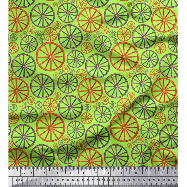 Soimoi Green Rayon Crepe Fabric Wheel Ethnic Decor Fabric Printed Yard 46 Inch Wide