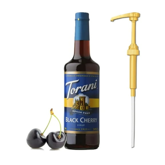 Torani Sugar Free Black Cherry Flavouring Syrup, 25.4 fl oz (750ml) Glass Bottle with Absol Gold Pump