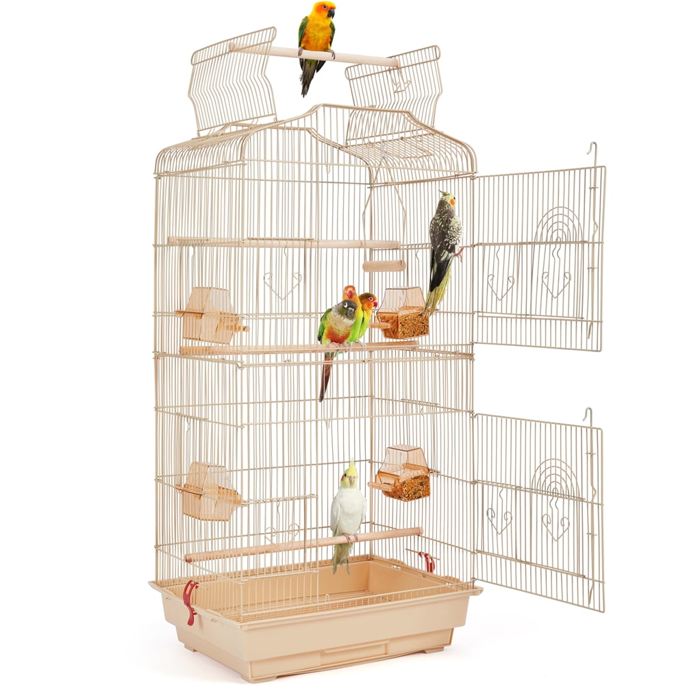 Alden Design Large 41" Metal Bird Cage with Play Top for Parakeets and Lovebirds, Almond