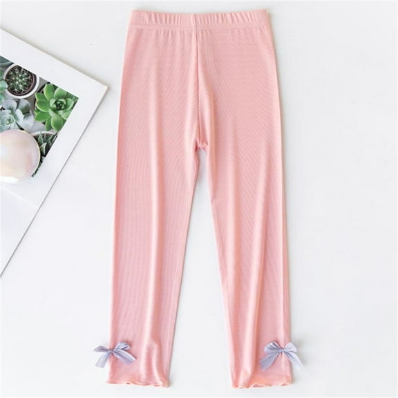 hengsof Girls' Bow Tie Elastic Leggings, Solid Color Elastic Waist Thin Soft Casual Long Pants, Comfortable Cotton Everyday Pants, Sizes 2-13