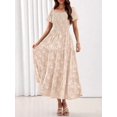thumbnail image 2 of Beige Floral Tiered Maxi Dress Square Neck Short Sleeve Smocked Waist Flowy, 2 of 27