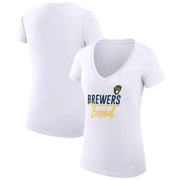 Women's G-III 4Her by Carl Banks  White Milwaukee Brewers Team Graphic V-Neck Fitted T-Shirt