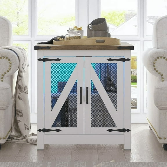 ChVans 24'' Farmhouse End Table with LED Lights&Charging Station, Mesh Barn Door, Adjustable Storage Shelf, Farmhouse Lighted Sidetable for Living Room, Bedroom, Office