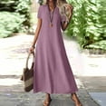 thumbnail image 2 of Evdexr Linen T-Shirt Dresses for Womens Cotton Maxi Dress Flowy Short Sleeve Solid Colour V Neck A-Line Dresses Oversized Long Loose 2025 Shirt Dress with Pockets Purple M, 2 of 7