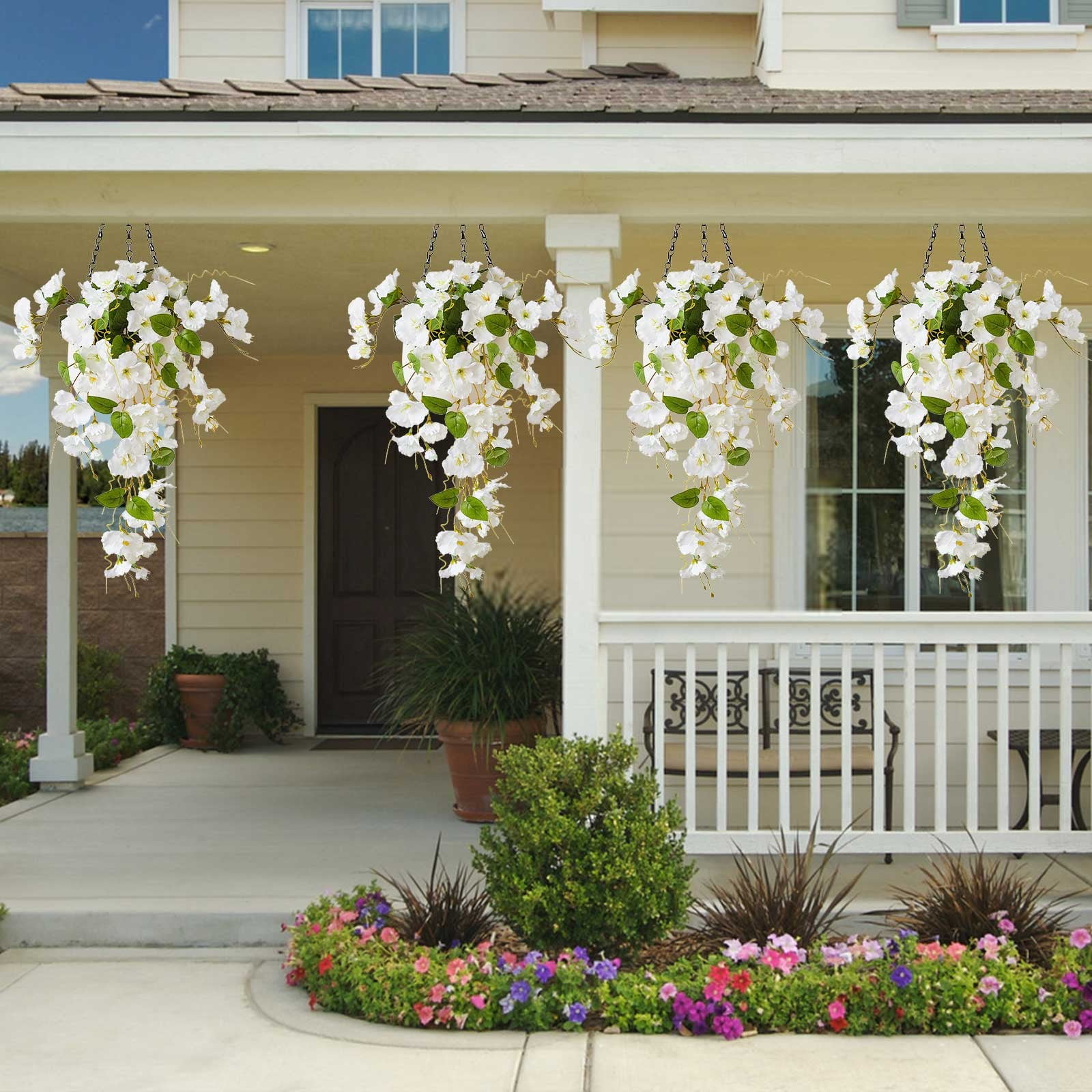 2pcs Artificial Fake Hanging Hibiscus Flowers Plants Baskets for Outdoor Outside Spring Summer Decoration, Faux Silk Hibiscus Long Vines in Planter UV Resistant Realistic Flowers